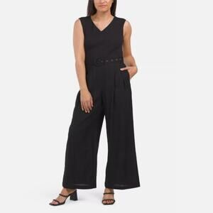 Tahari Black Linen Blend Wide Leg Jumpsuit Size 8 NWOT V-Neck Pockets